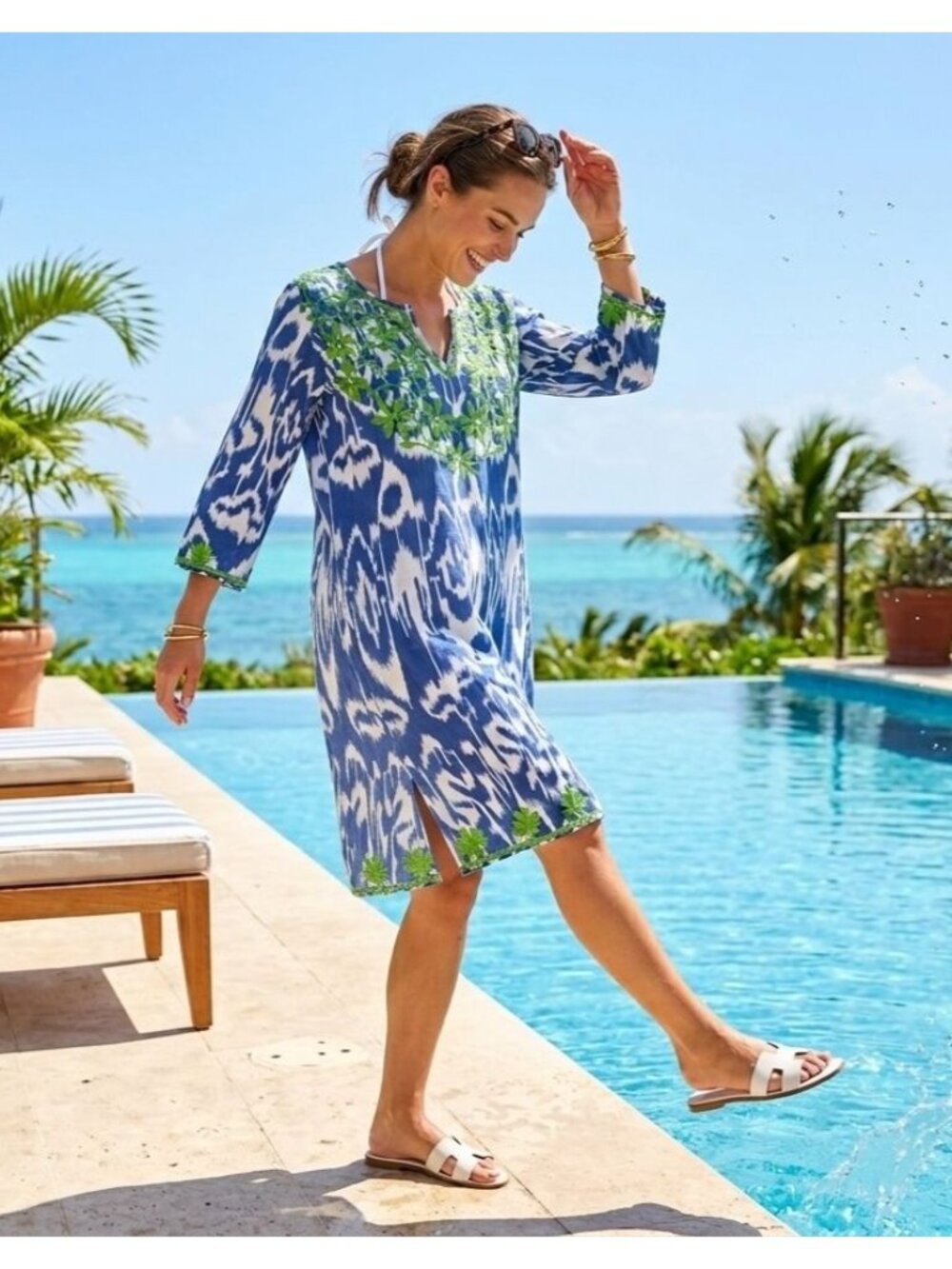 Gretchen Scott Ikat Dori Dress Sz S Embroidered Shift‎ Cotton Blue Green Coastal